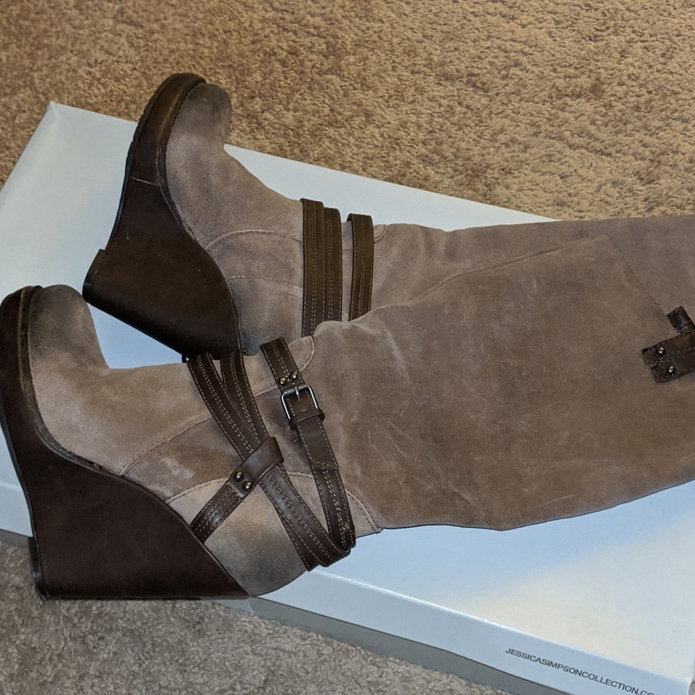 Suede wedge boots, taupe and brown